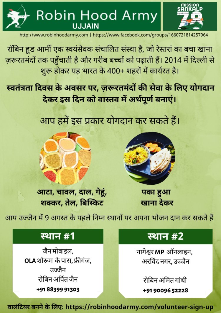 स्वतंत्रता दिवस पर अनोखी पहल – ज़रूरतमंदों के साथ मनाएं आज़ादी का उत्सव — रॉबिन हुड आर्मी, उज्जैन द्वारा "मिशन संकल्प 78"